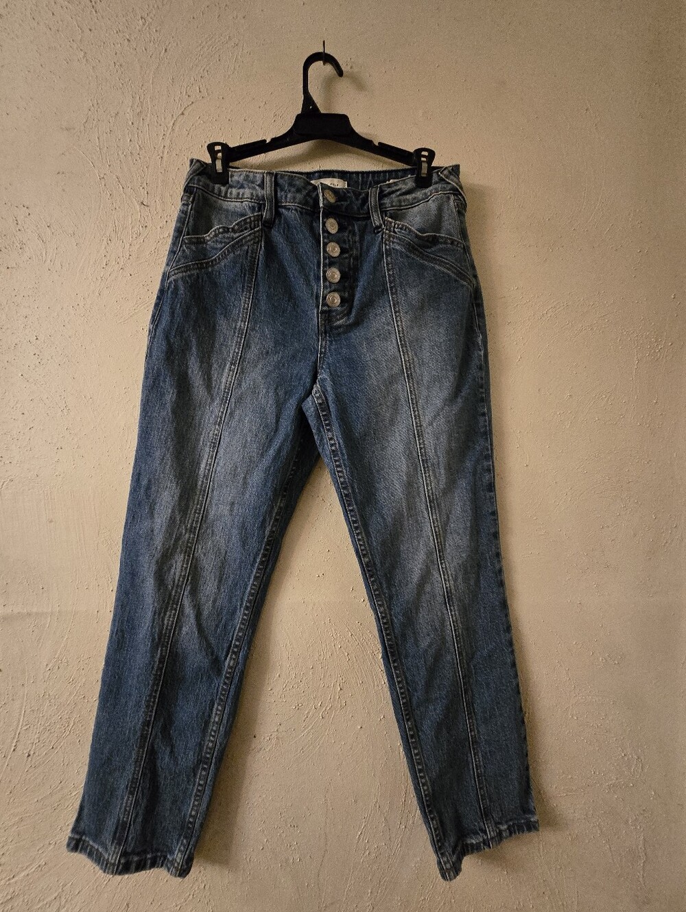 Women's High-Rise Blue Denim Jeans with Exposed Button Fly